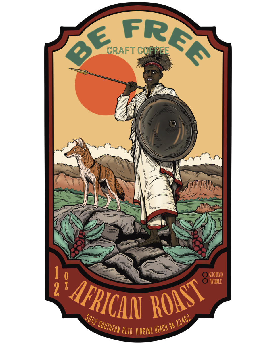 Original African Roast 12 oz label with a round shield and burnt-orange sun