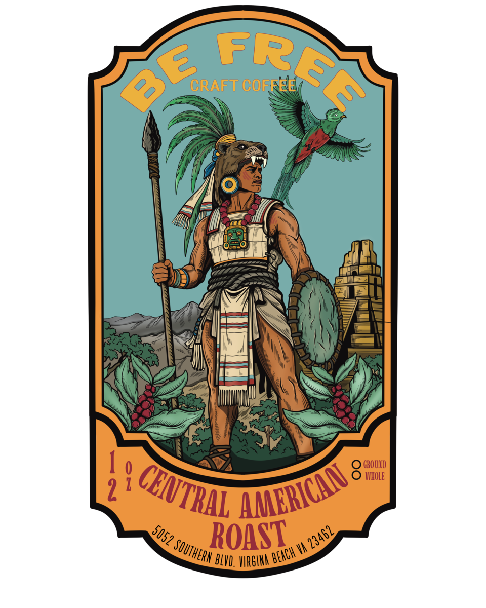 Original Central American Roast 12 oz label with a jaguar headdress and bird in flight
