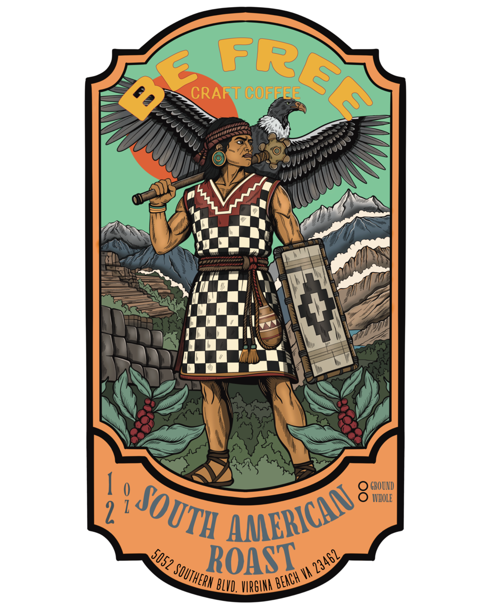 Original South American Roast 12 oz label with a condor and mountain peaks
