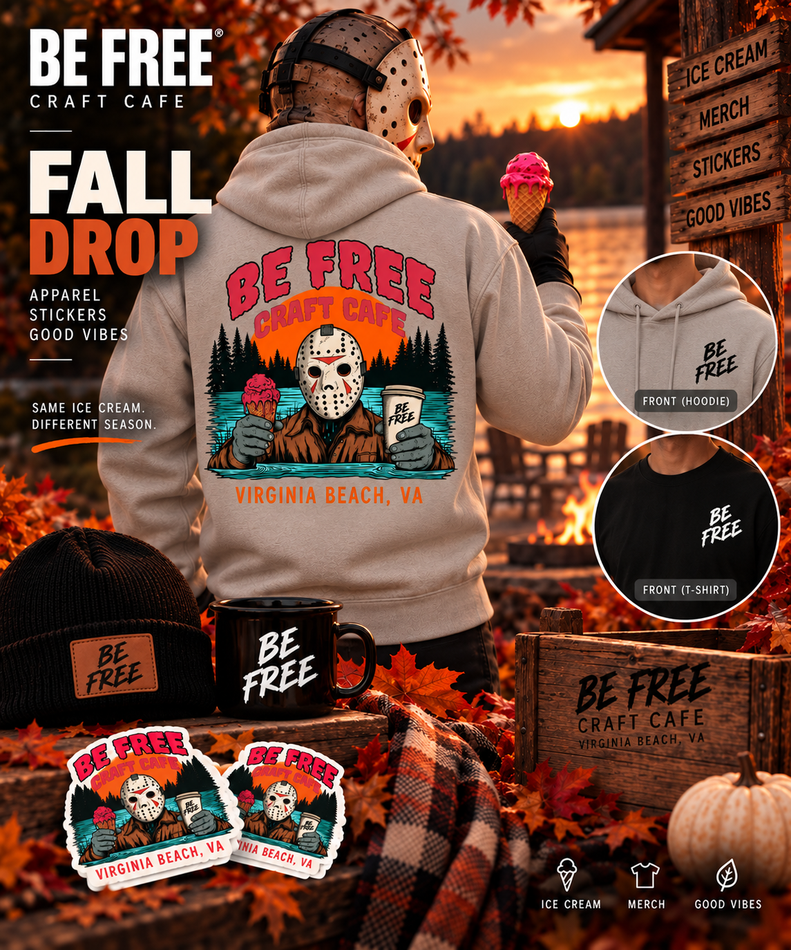 Just Be a Good Dude Fall Drop Capsule featuring a hoodie, T-shirt, beanie, and stickers