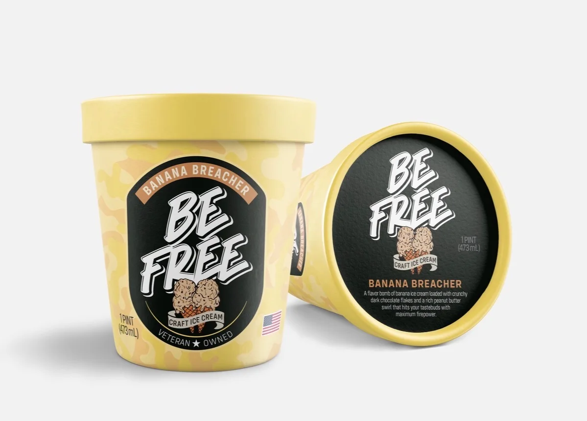 Banana Breacher pint and lid with yellow camouflage packaging