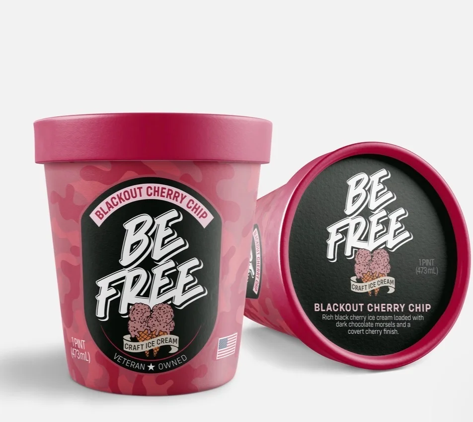 Blackout Cherry Chip pint and lid with red camouflage packaging