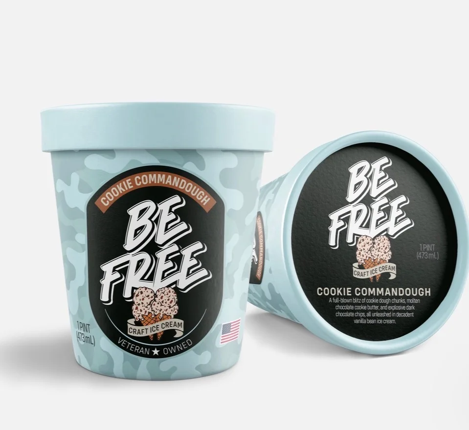 Cookie Commandough pint and lid with pale blue camouflage packaging