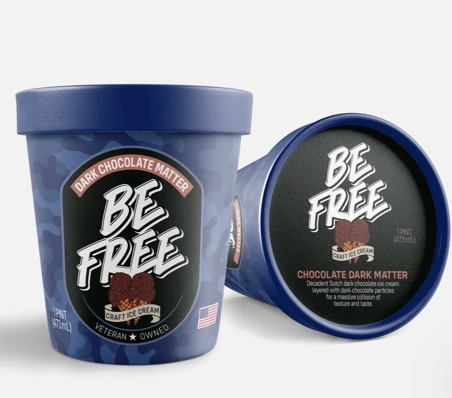 Dark Chocolate Matter pint and lid with navy camouflage packaging