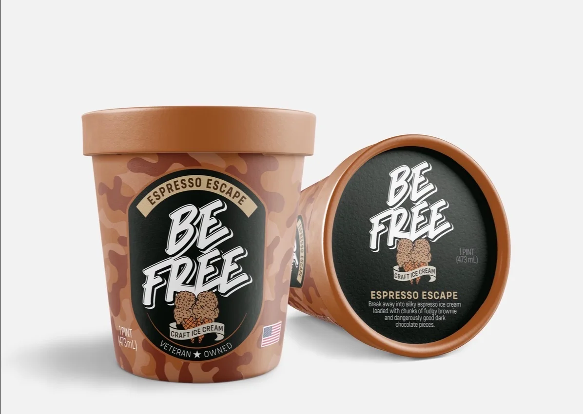Espresso Escape pint and lid with brown camouflage packaging