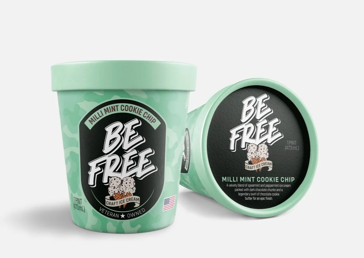 Milli Mint Cookie Chip pint and lid with green camouflage packaging