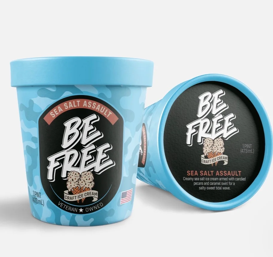 Sea Salt Assault pint and lid with bright blue camouflage packaging